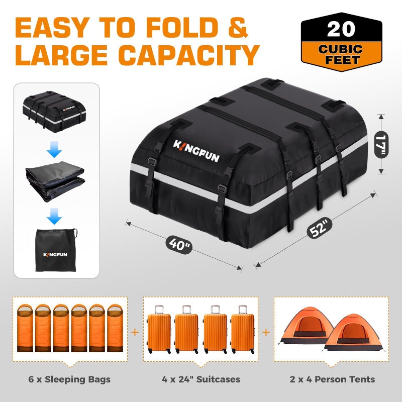 Kingfun Car Rooftop Cargo Carrier â€“ Waterproof 20 Cubic Feet Car Roof Bag Fit All Vehicles with/Without Roof Racks, Includes Anti-Slip Mat, 8 Reinforced Straps & 6 Door Hooks, Luggage Locksï¼ˆBlackï¼‰ - Image 4