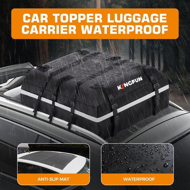 Kingfun Car Rooftop Cargo Carrier â€“ Waterproof 20 Cubic Feet Car Roof Bag Fit All Vehicles with/Without Roof Racks, Includes Anti-Slip Mat, 8 Reinforced Straps & 6 Door Hooks, Luggage Locksï¼ˆBlackï¼‰ - Image 2