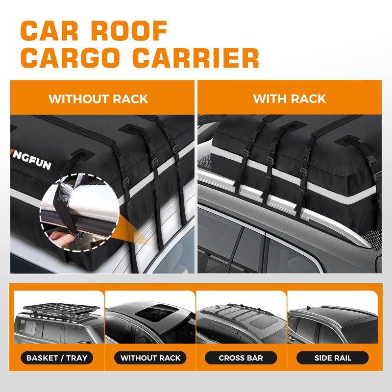 Kingfun Car Rooftop Cargo Carrier â€“ Waterproof 20 Cubic Feet Car Roof Bag Fit All Vehicles with/Without Roof Racks, Includes Anti-Slip Mat, 8 Reinforced Straps & 6 Door Hooks, Luggage Locksï¼ˆBlackï¼‰ - Image 3