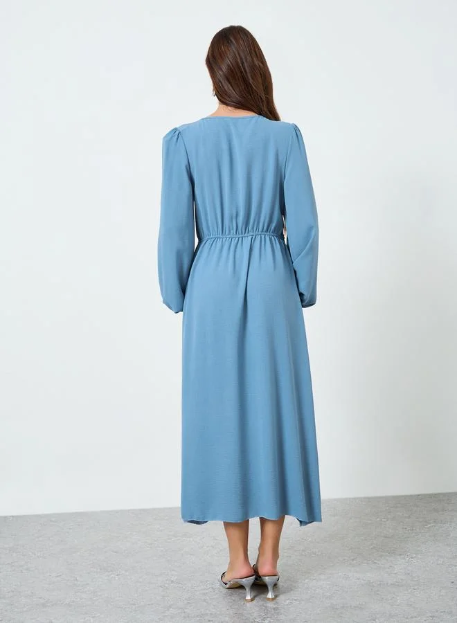 Take Two Women Knot Front Midi Dress with Balloon Sleeves