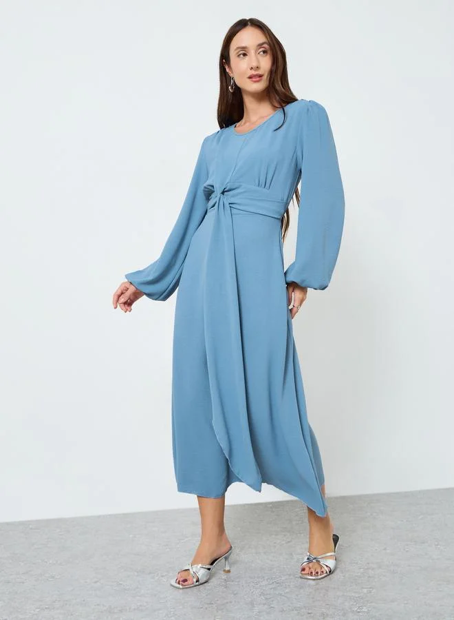 Take Two Women Knot Front Midi Dress with Balloon Sleeves