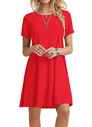 POPYOUNG 2025 Women's Summer Casual T-Shirt Dresses Crew Neck Beach Cover Up Sun Dress Medium, Red - Image 1