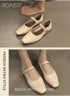 roaiss Retro Style Square Toe Mary Jane Shoes for Women Comfortable Soft Sole Solid Formal Evening Shoes Ladies Slip On Closed Toe Leather Flat Shoes with Buckle Straps Athlesiure Shoes  - Image 3