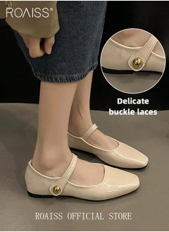 roaiss Retro Style Square Toe Mary Jane Shoes for Women Comfortable Soft Sole Solid Formal Evening Shoes Ladies Slip On Closed Toe Leather Flat Shoes with Buckle Straps Athlesiure Shoes  - Image 2