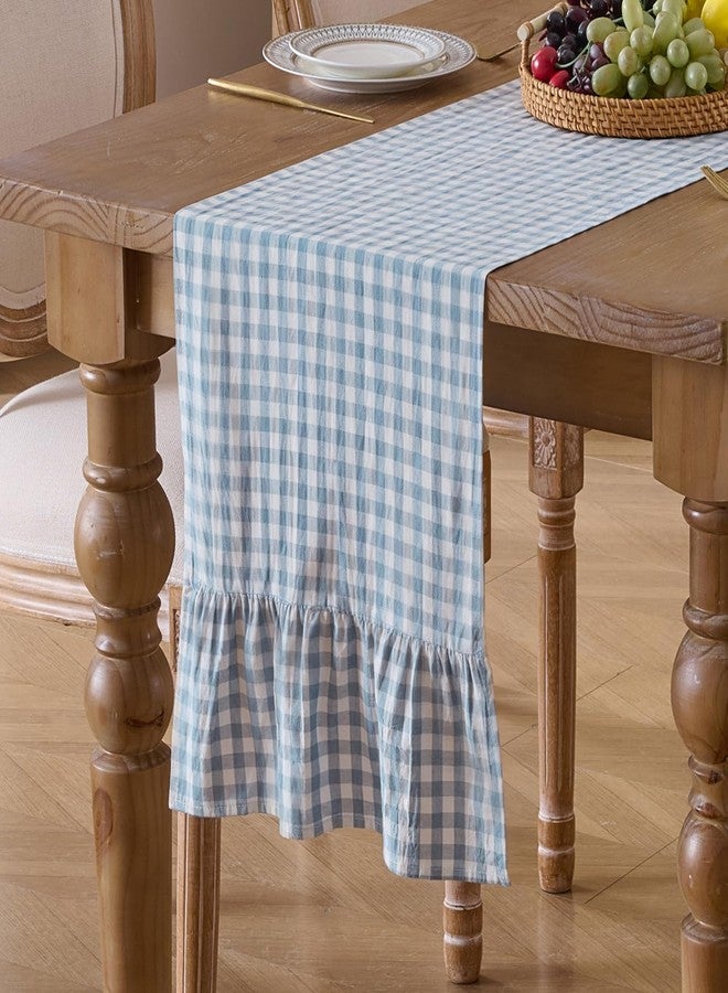 Cobedzy 13" x 72" Plaid Gingham Ruffle Table Runner, Dusty Blue Cotton Checkered Table Runner for Farmhouse, Party, Kitchen Decor - Image 1