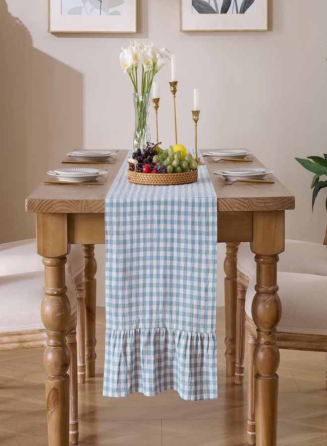 Cobedzy 13" x 72" Plaid Gingham Ruffle Table Runner, Dusty Blue Cotton Checkered Table Runner for Farmhouse, Party, Kitchen Decor - Image 2