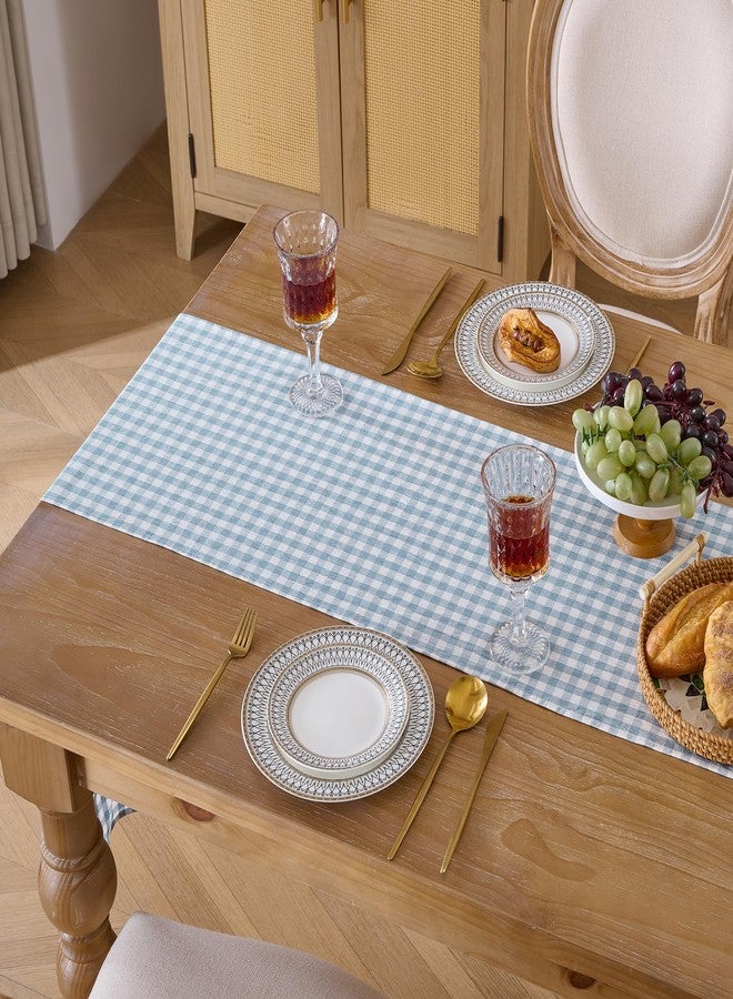 Cobedzy 13" x 72" Plaid Gingham Ruffle Table Runner, Dusty Blue Cotton Checkered Table Runner for Farmhouse, Party, Kitchen Decor - Image 4