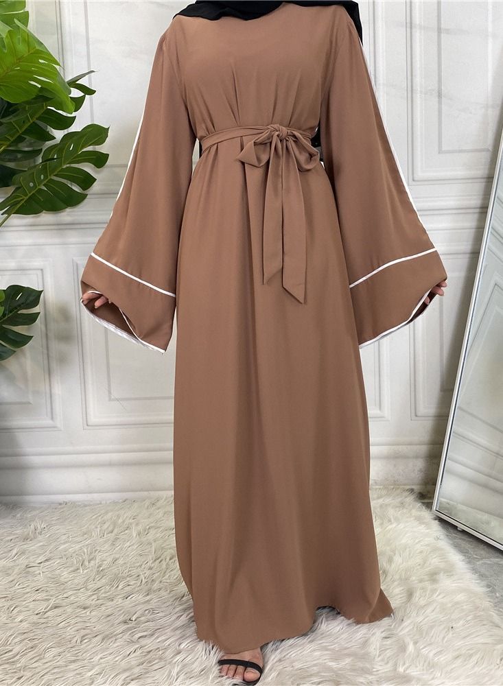 Loquat Women's Solid White Edge Large Lace Up Dress Abaya Brown  - Image 2