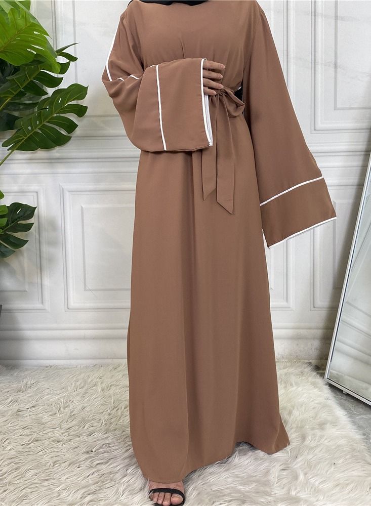 Loquat Women's Solid White Edge Large Lace Up Dress Abaya Brown  - Image 3