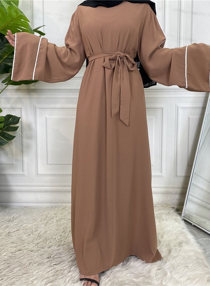 Loquat Women's Solid White Edge Large Lace Up Dress Abaya Brown  - Image 1