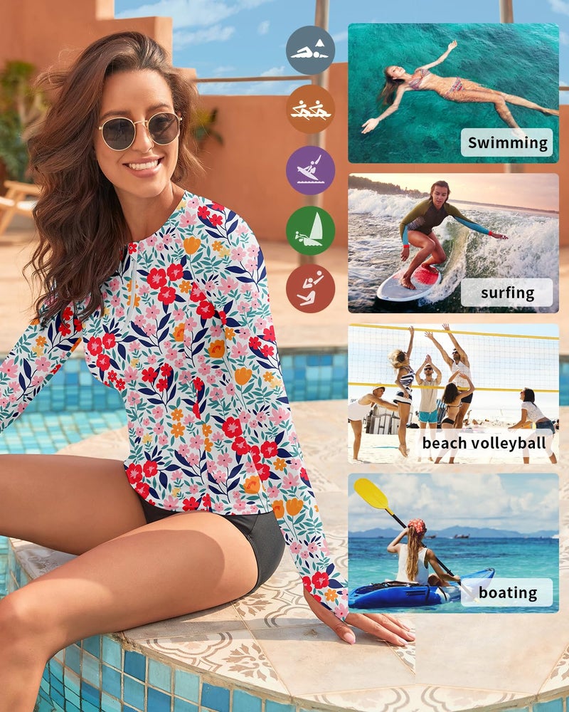 WOWENY Women Rash Guard Long Sleeve Swimsuit Top UPF 50 Sun Protection Swim Shirts Half Zip Bathing Suit No Bottom(A-Pink Floral, Medium) - Image 5