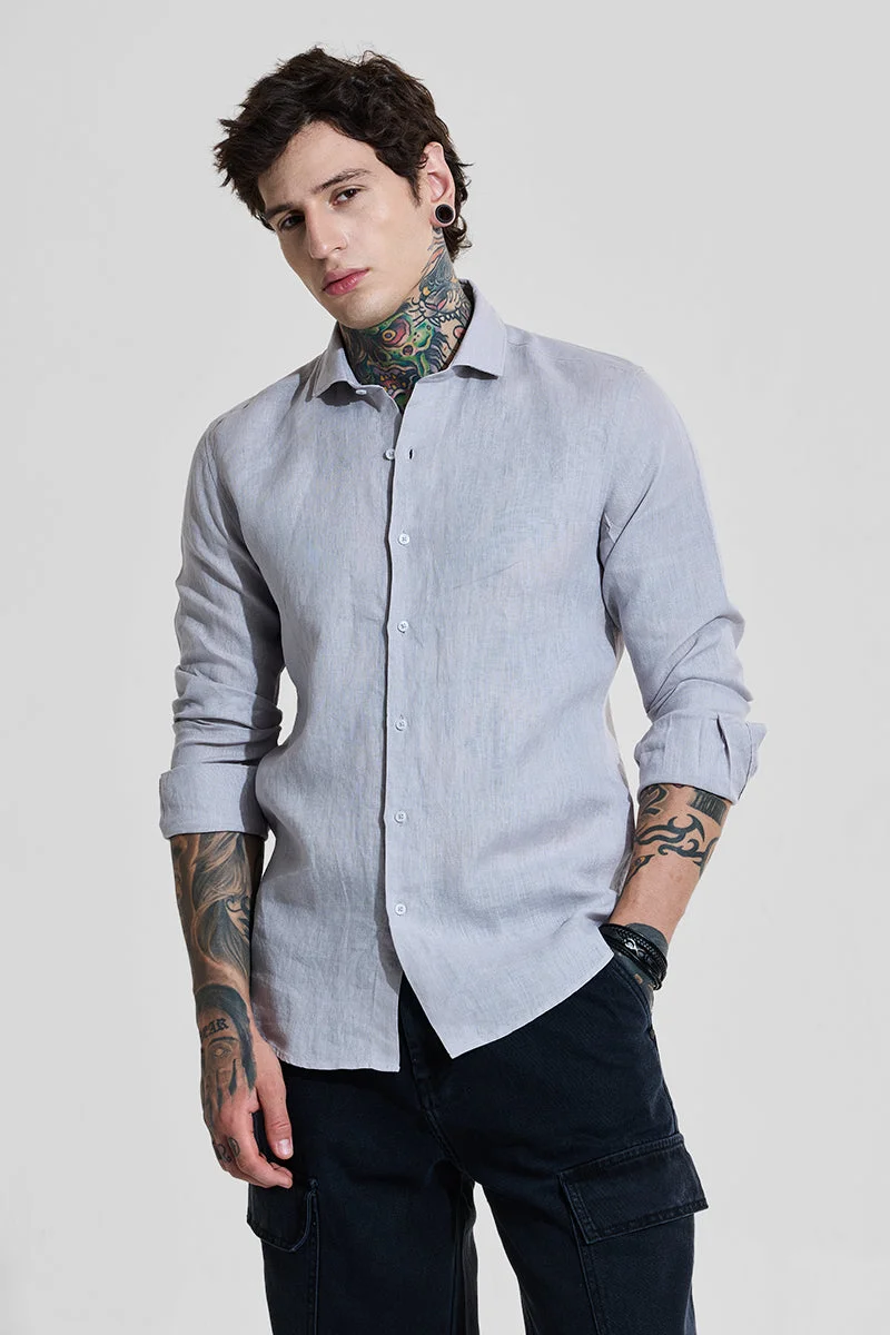 SNITCH Light Grey Slim Fit 100% Linen Shirt