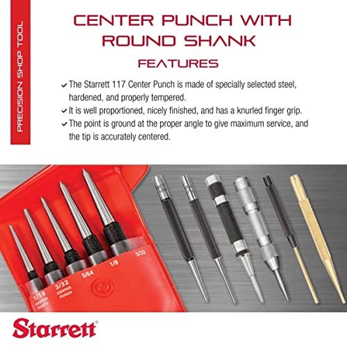 Starrett Steel Center Punch with Round Shank and Knurled Finger Grip - Hardened and Tempered Steel, 75mm Length, 1.5mm Diameter Tapered Point - 117AA - Image 2