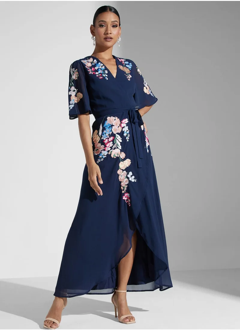 Hope & Ivy Embroidered Flutter Sleeve Wrap Dress