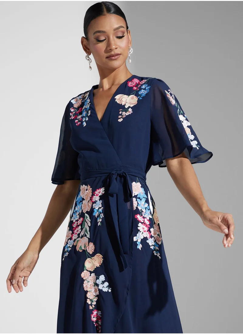 Hope & Ivy Embroidered Flutter Sleeve Wrap Dress