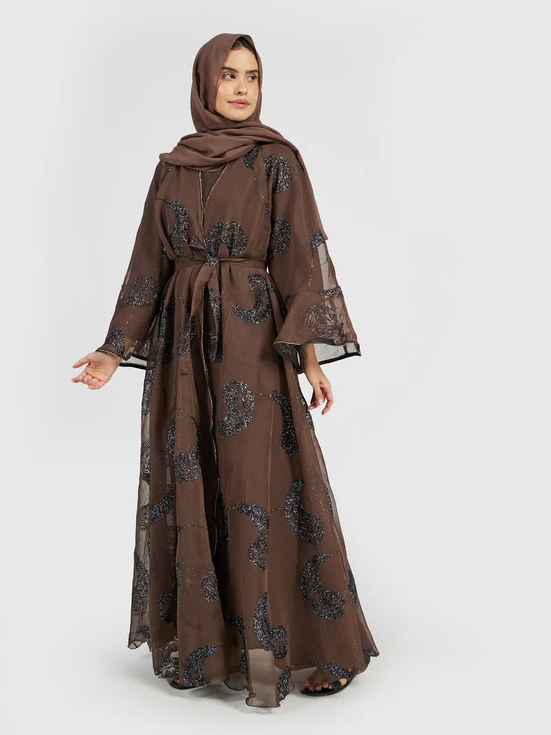 Reem Abayas Earthy Bronze Marble Print Organza Abaya with Sequin Accents