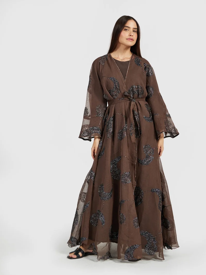 Reem Abayas Earthy Bronze Marble Print Organza Abaya with Sequin Accents