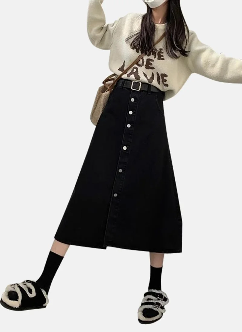 YUNIQEE Black Solid Denim Midi Skirt