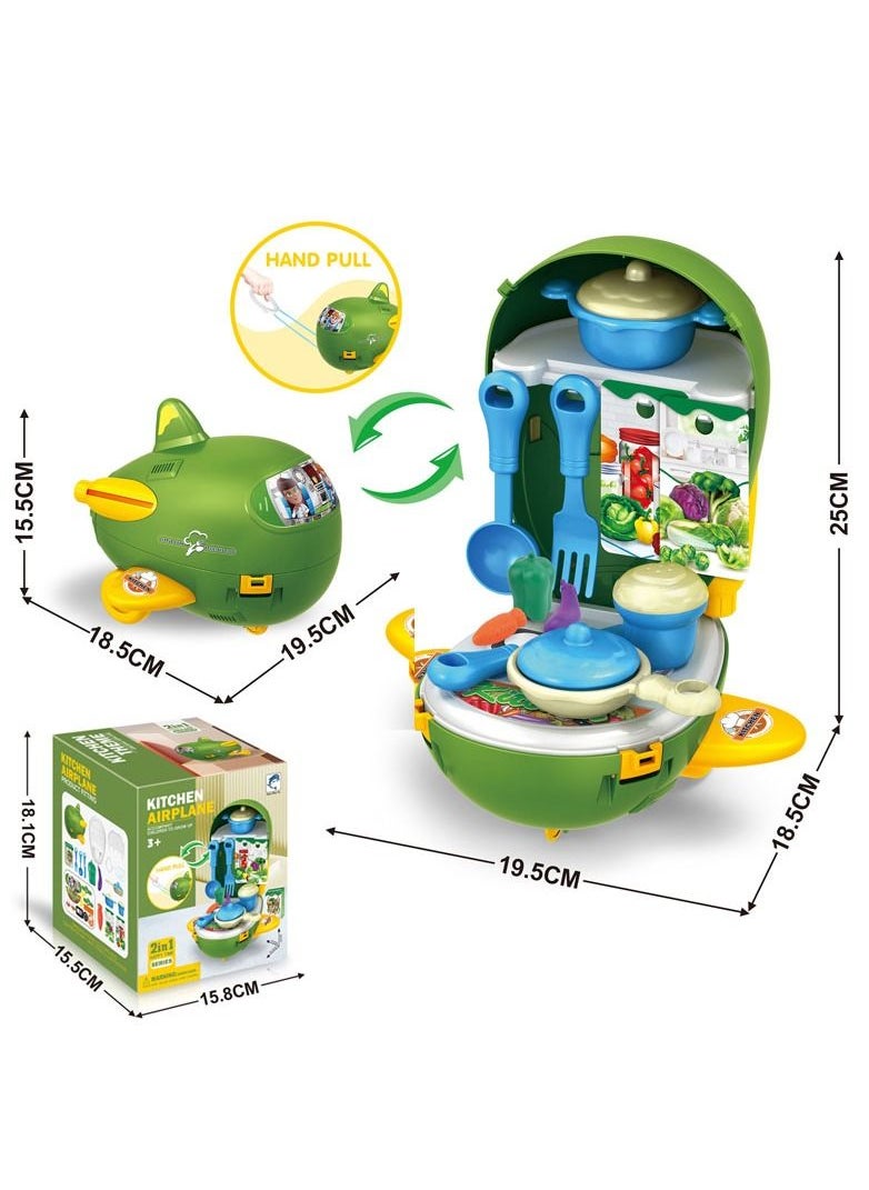 Swift 2 in 1 Airplane Design Kitchen Toy with Hand Pull Pretend Cooking Food Play Dinnerware Set Safe Cute Children Girl Toy Gift Fun Game Toy Kitchen Green  - Image 3
