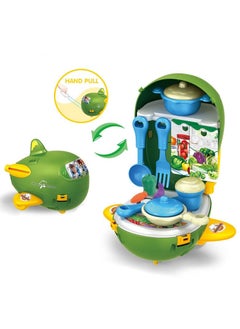 Swift 2 in 1 Airplane Design Kitchen Toy with Hand Pull Pretend Cooking Food Play Dinnerware Set Safe Cute Children Girl Toy Gift Fun Game Toy Kitchen Green  - Image 2