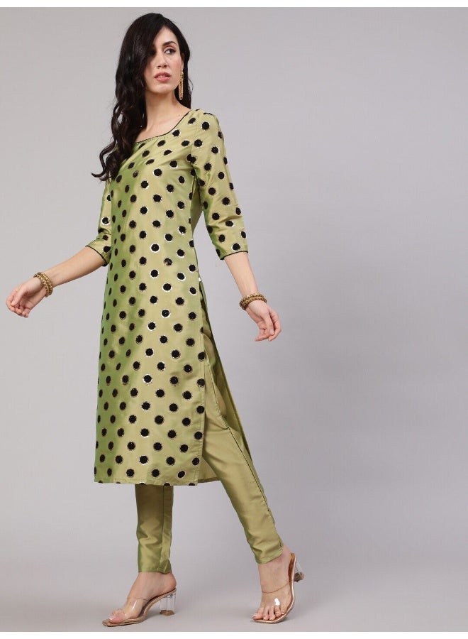 AKS Green Flock Zari Print Straight Kurta With Pant - Image 4