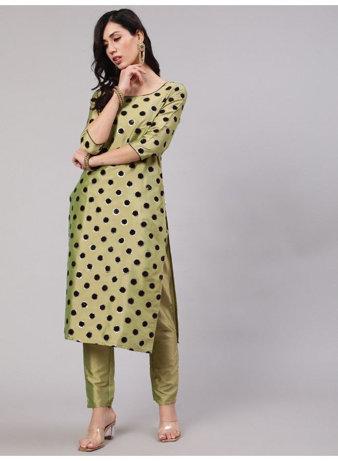 AKS Green Flock Zari Print Straight Kurta With Pant - Image 1