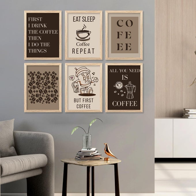 Coffee Art Prints Set of 6 Decor Posters with frame Kitchen Quotes Wall frames for Restaurant Cafe Hotel Bar Lounge decoration style1 13 x17 inches