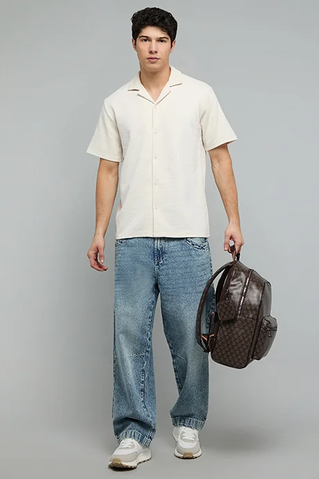 أر أند بي Textured Shirt with Revere Collar and Short Sleeves
