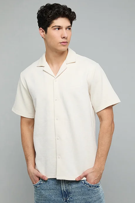 أر أند بي Textured Shirt with Revere Collar and Short Sleeves