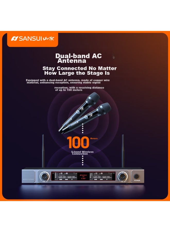 Sansui V79 Professional Wireless Microphone System, Dual Microphones, Uhf Band, For Ktv Singing, Speech, Stage, Conference, Speaker, Amplifier, Metal, Adjustable Frequency - Image 4