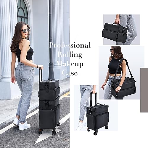 Stagiant Professional Rolling Makeup Case, Soft Sided Make up Train Case, Travel Organizer Portable with Wheel for Makeup Artist Cosmetology Nail Technician Hair Stylist Supplies, 2 In 1 Nylon Black - Image 4