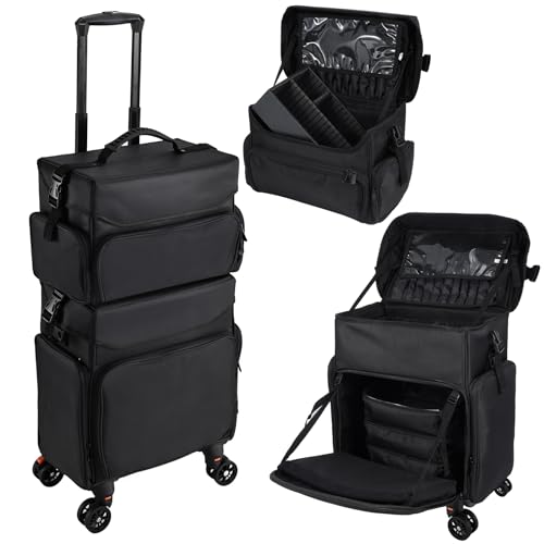 Stagiant Professional Rolling Makeup Case, Soft Sided Make up Train Case, Travel Organizer Portable with Wheel for Makeup Artist Cosmetology Nail Technician Hair Stylist Supplies, 2 In 1 Nylon Black - Image 1