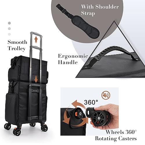 Stagiant Professional Rolling Makeup Case, Soft Sided Make up Train Case, Travel Organizer Portable with Wheel for Makeup Artist Cosmetology Nail Technician Hair Stylist Supplies, 2 In 1 Nylon Black - Image 5