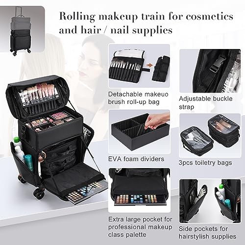 Stagiant Professional Rolling Makeup Case, Soft Sided Make up Train Case, Travel Organizer Portable with Wheel for Makeup Artist Cosmetology Nail Technician Hair Stylist Supplies, 2 In 1 Nylon Black - Image 3