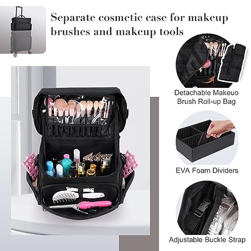 Stagiant Professional Rolling Makeup Case, Soft Sided Make up Train Case, Travel Organizer Portable with Wheel for Makeup Artist Cosmetology Nail Technician Hair Stylist Supplies, 2 In 1 Nylon Black - Image 2