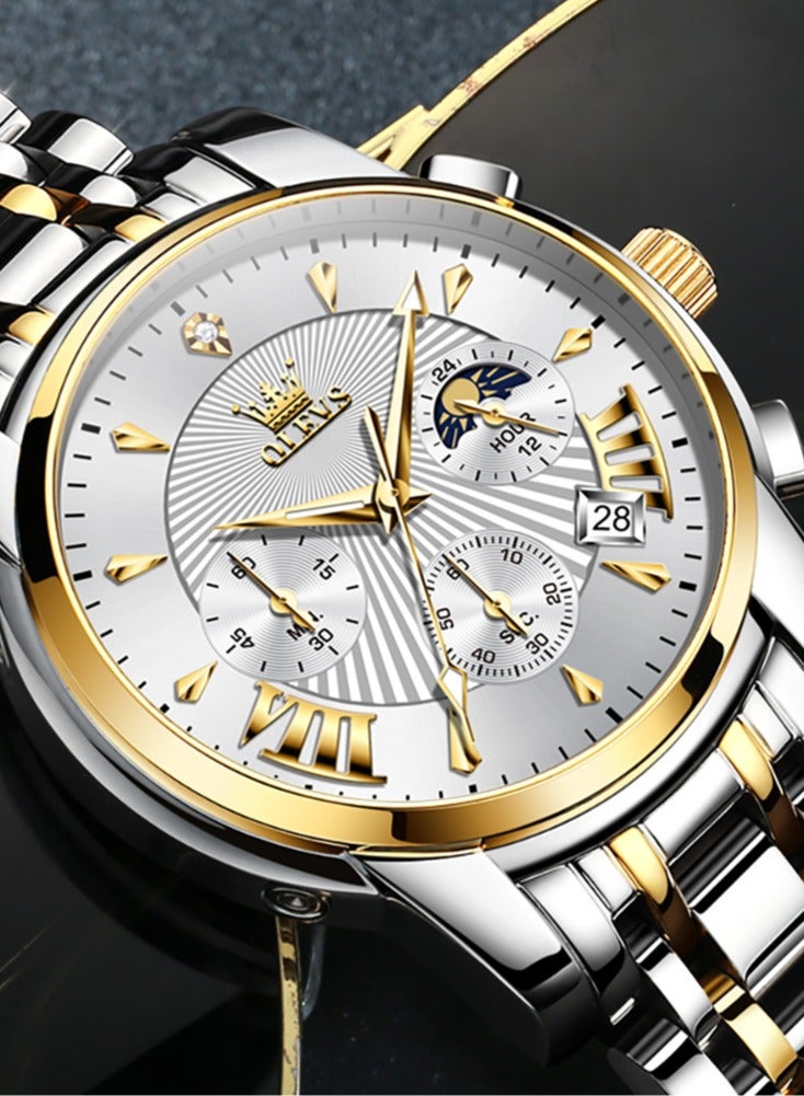 OLEVS Watches for Men Fashion Stainless Steel Quartz Chronograph Water Resistant Watch 41mm 2892 Business Gold White Quartz Watches - Image 3