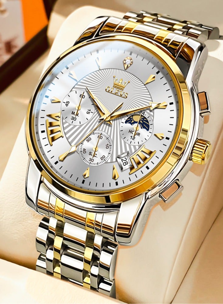 OLEVS Watches for Men Fashion Stainless Steel Quartz Chronograph Water Resistant Watch 41mm 2892 Business Gold White Quartz Watches - Image 1