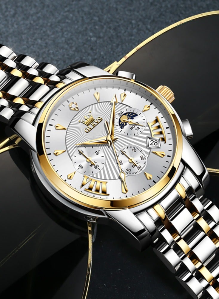 OLEVS Watches for Men Fashion Stainless Steel Quartz Chronograph Water Resistant Watch 41mm 2892 Business Gold White Quartz Watches - Image 4