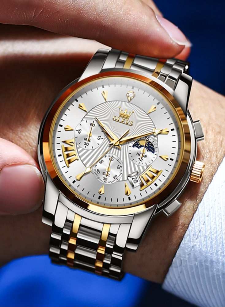OLEVS Watches for Men Fashion Stainless Steel Quartz Chronograph Water Resistant Watch 41mm 2892 Business Gold White Quartz Watches - Image 5