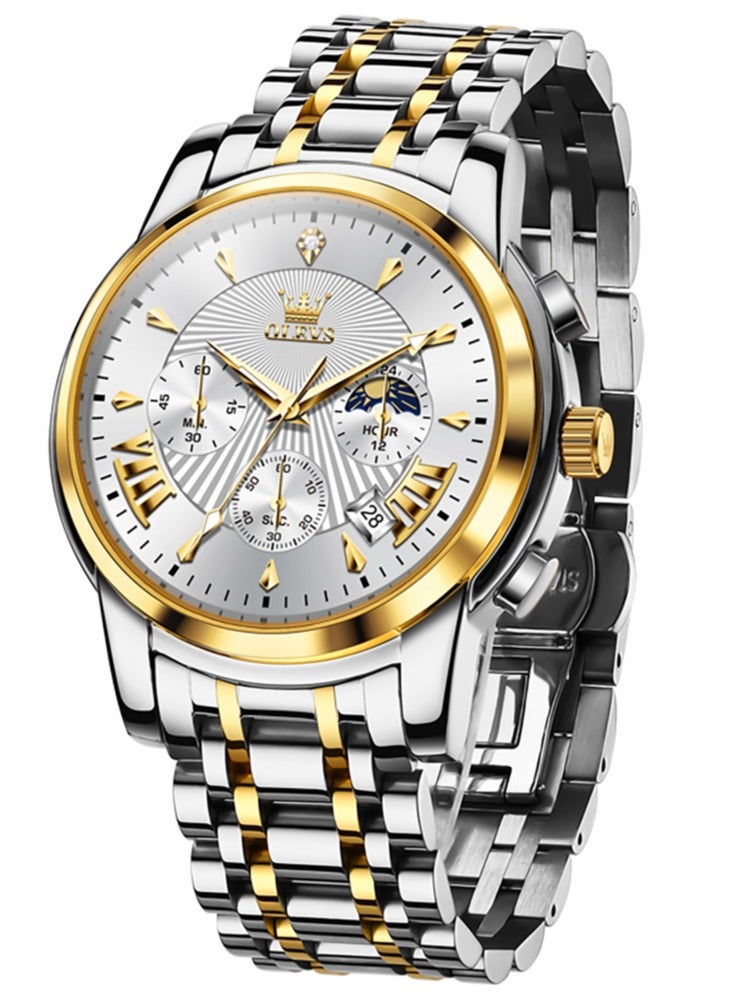 OLEVS Watches for Men Fashion Stainless Steel Quartz Chronograph Water Resistant Watch 41mm 2892 Business Gold White Quartz Watches - Image 2