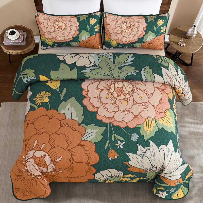 DJY 3 Piece Green Floral Quilt Set Queen Size - Boho Flower Bedspread Coverlet Set, Soft Microfiber Farmhouse Bohemian Floral Bedding Set Botanical Quilt for All Season (Queen, 96''x90'') - Image 3
