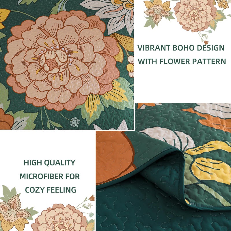 DJY 3 Piece Green Floral Quilt Set Queen Size - Boho Flower Bedspread Coverlet Set, Soft Microfiber Farmhouse Bohemian Floral Bedding Set Botanical Quilt for All Season (Queen, 96''x90'') - Image 5