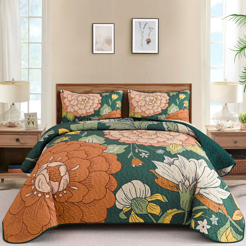 DJY 3 Piece Green Floral Quilt Set Queen Size - Boho Flower Bedspread Coverlet Set, Soft Microfiber Farmhouse Bohemian Floral Bedding Set Botanical Quilt for All Season (Queen, 96''x90'') - Image 1