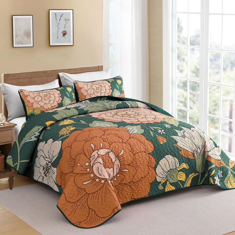 DJY 3 Piece Green Floral Quilt Set Queen Size - Boho Flower Bedspread Coverlet Set, Soft Microfiber Farmhouse Bohemian Floral Bedding Set Botanical Quilt for All Season (Queen, 96''x90'') - Image 2