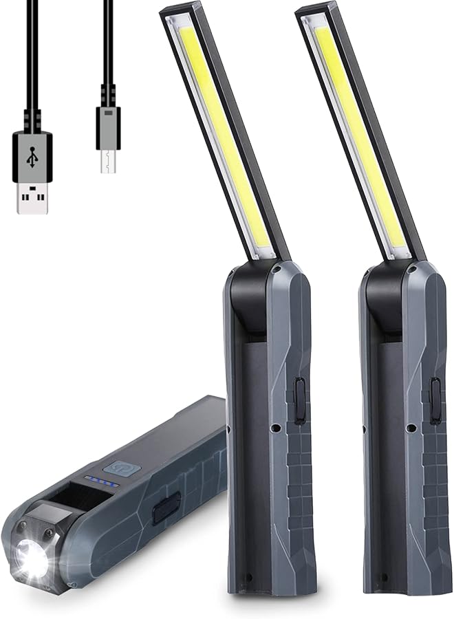 promass Rechargeable LED Work Light, 2 Pack Foldable USB Portable Flashlight with Magnetic Base, Hook, 270° Rotation, Power Indicator, Ideal for Mechanic, Camping, Emergency, Repair, BBQ - Image 1