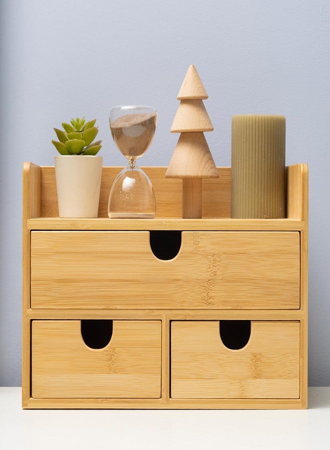 MEEDEN Bamboo Desk Organizer with Drawers: Desktop Storage Container with Shelf - Tabletop Storage Organization Box for Office Home Toiletries Supplies - Image 1