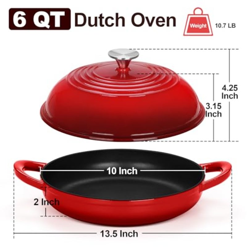Enameled Cast Iron Dutch Oven with Lid for sourdough bread baking, red, enameled cast iron, self-basting dome lid low-profile base, heavy-duty nonstick - Image 2