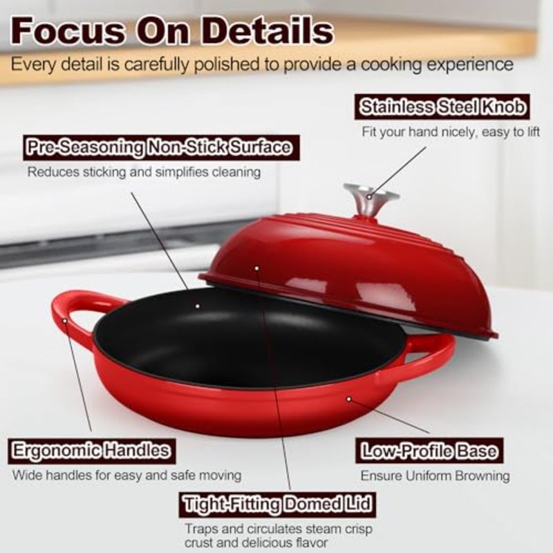 Enameled Cast Iron Dutch Oven with Lid for sourdough bread baking, red, enameled cast iron, self-basting dome lid low-profile base, heavy-duty nonstick - Image 4