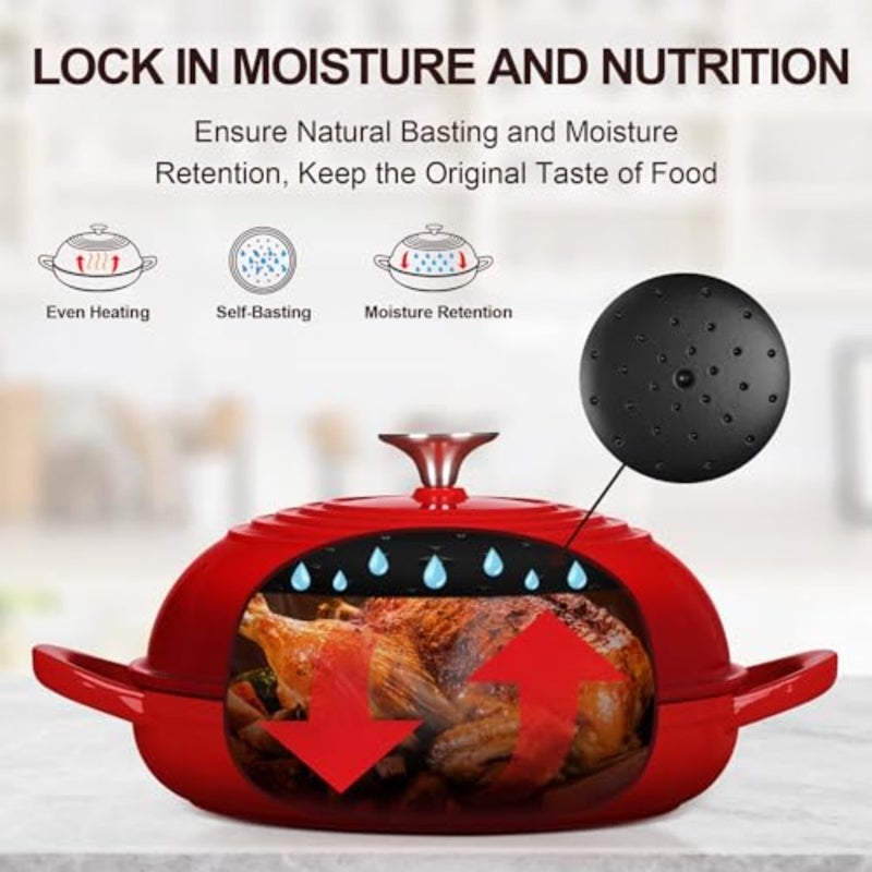 Enameled Cast Iron Dutch Oven with Lid for sourdough bread baking, red, enameled cast iron, self-basting dome lid low-profile base, heavy-duty nonstick - Image 3