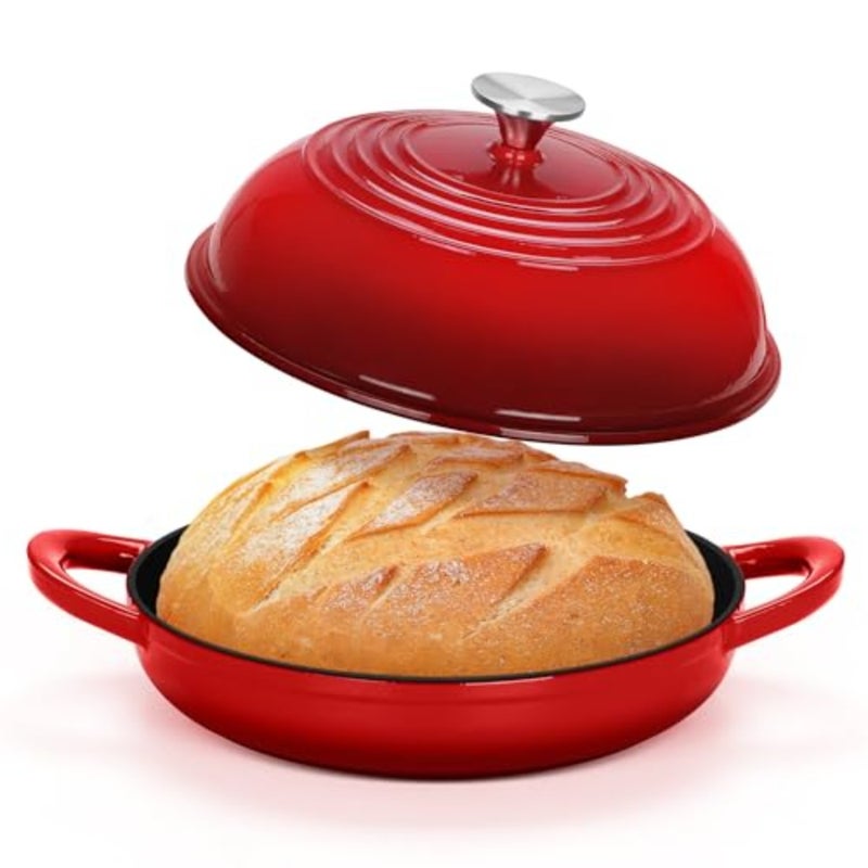 Enameled Cast Iron Dutch Oven with Lid for sourdough bread baking, red, enameled cast iron, self-basting dome lid low-profile base, heavy-duty nonstick - Image 1